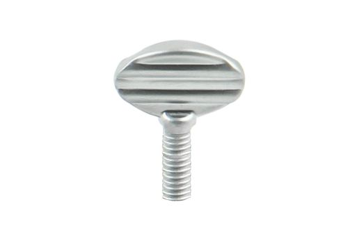 Satin chrome plated steel thumbscrew for telescopic stays, 25mm long with robust 6mm thread, ideal for secure applications.