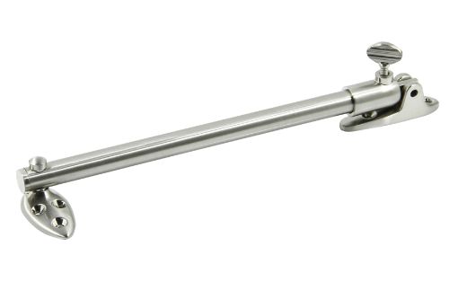 Telescopic Stay 200mm for side hung windows, featuring satin nickel finish, adjustable notches, and 370mm extension.