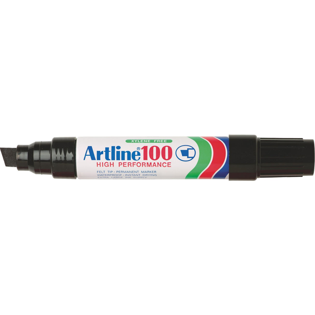 Artline 100 Permanent Marker set with 12mm chisel nibs in black, ideal for bold, permanent marking. Pack of 6.