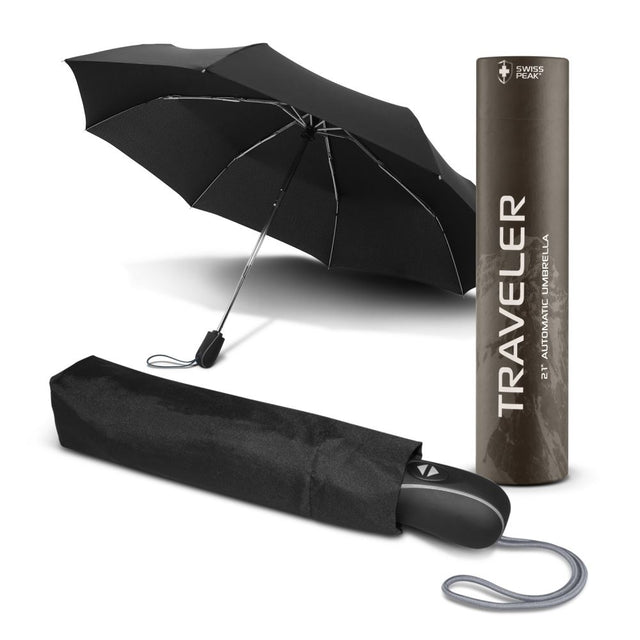 Compact Swiss Peak Traveler umbrella with 53cm windproof canopy, automatic opening, in elegant black with gift tube.