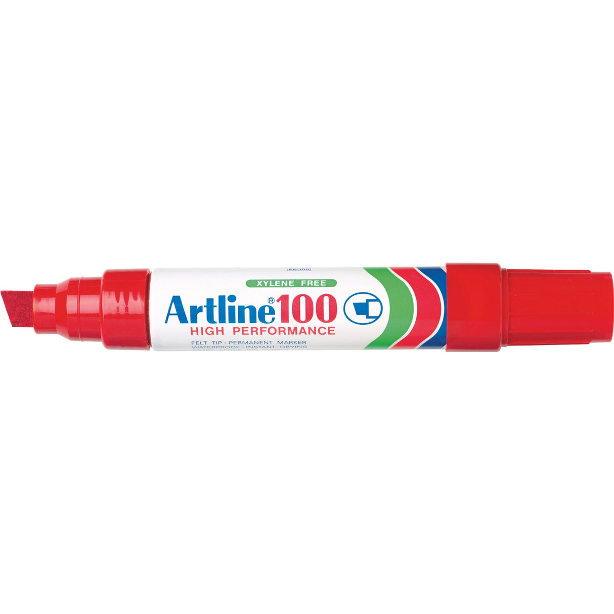 Set of 6 Artline 100 red permanent markers with 12mm chisel nib for bold marking on various surfaces.