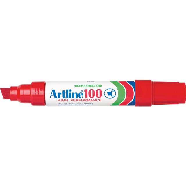 Set of 6 Artline 100 red permanent markers with 12mm chisel nib for bold marking on various surfaces.