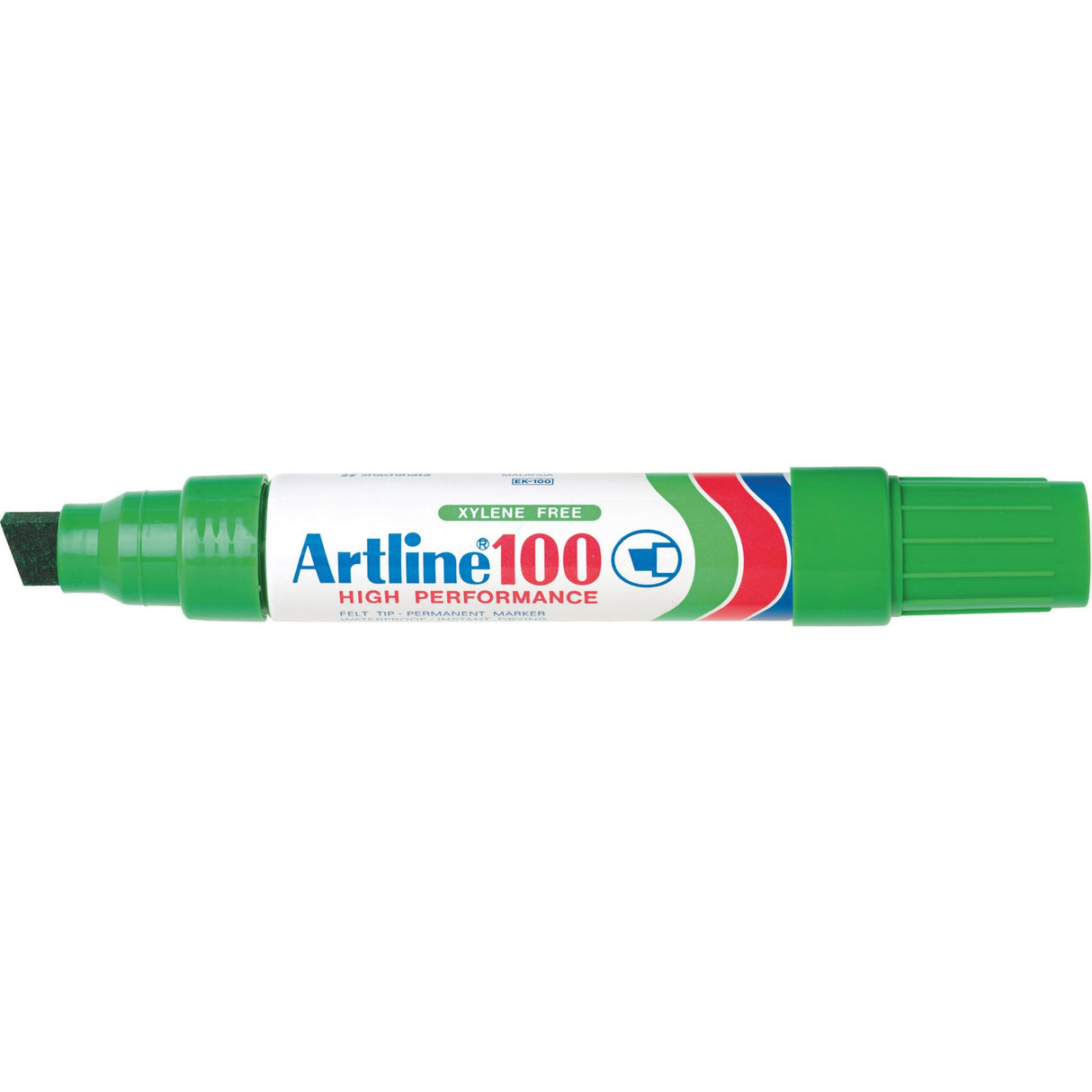 Artline 100 Permanent Markers in green with 12mm chisel nib, 6 units for bold, versatile marking on various surfaces.