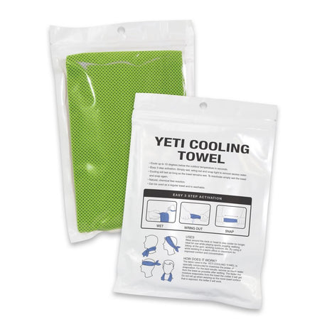 Light blue Yeti Cooling Towel, reduces temperature up to 15 degrees, ideal for sports and outdoor activities.