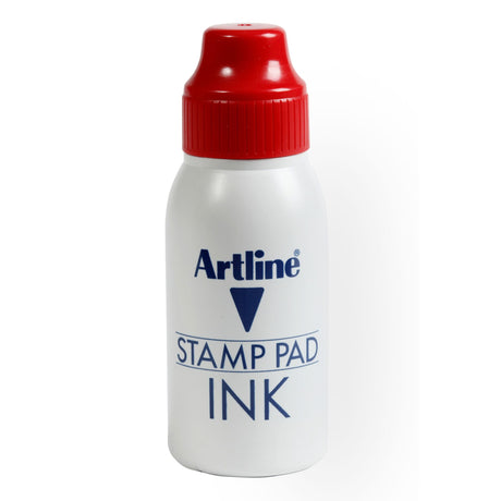 Vibrant red Artline Esa-2n Stamp Pad Ink 50cc for crisp, clear imprints; features a mess-free refill valve for convenience.