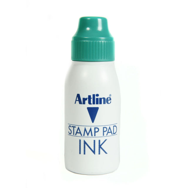 Artline Esa-2n 50cc green stamp pad ink with mess-free refill, ideal for crisp impressions in office, school, or home use.