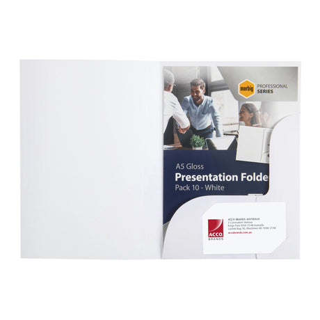 Marbig A5 Gloss White Presentation Folders, pack of 10, featuring a sleek design and business card holder. Ideal for organized presentations.