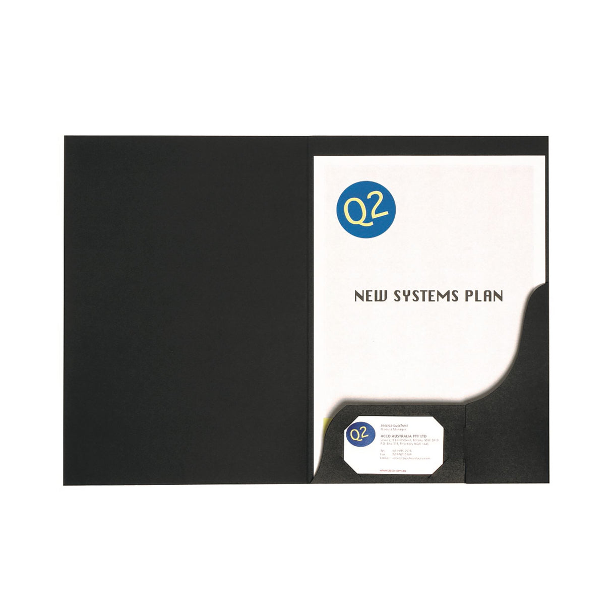 A pack of 20 A4 matt black presentation folders with business card holder, designed for stylish document organization.