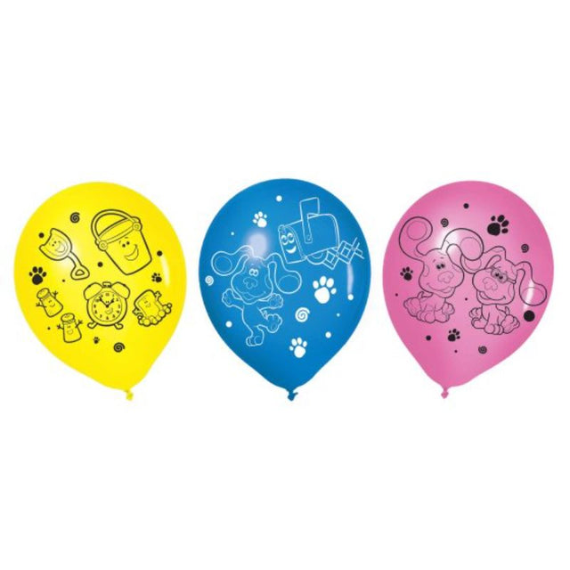 Set of 6 Blue's Clues 30cm latex balloons, vibrant colors featuring beloved characters, perfect for themed celebrations.