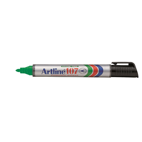 Artline 107 Green Permanent Marker set of 12 with 2mm bullet nib for versatile marking on various surfaces.