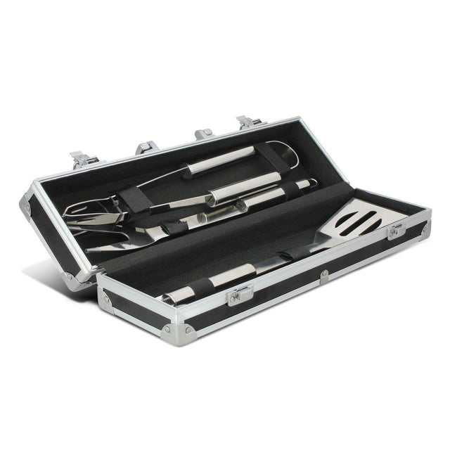 Luxmore BBQ Set: premium grilling tools in a stylish case, featuring stainless steel fork, tongs, and spatula, perfect for outdoor cooking.