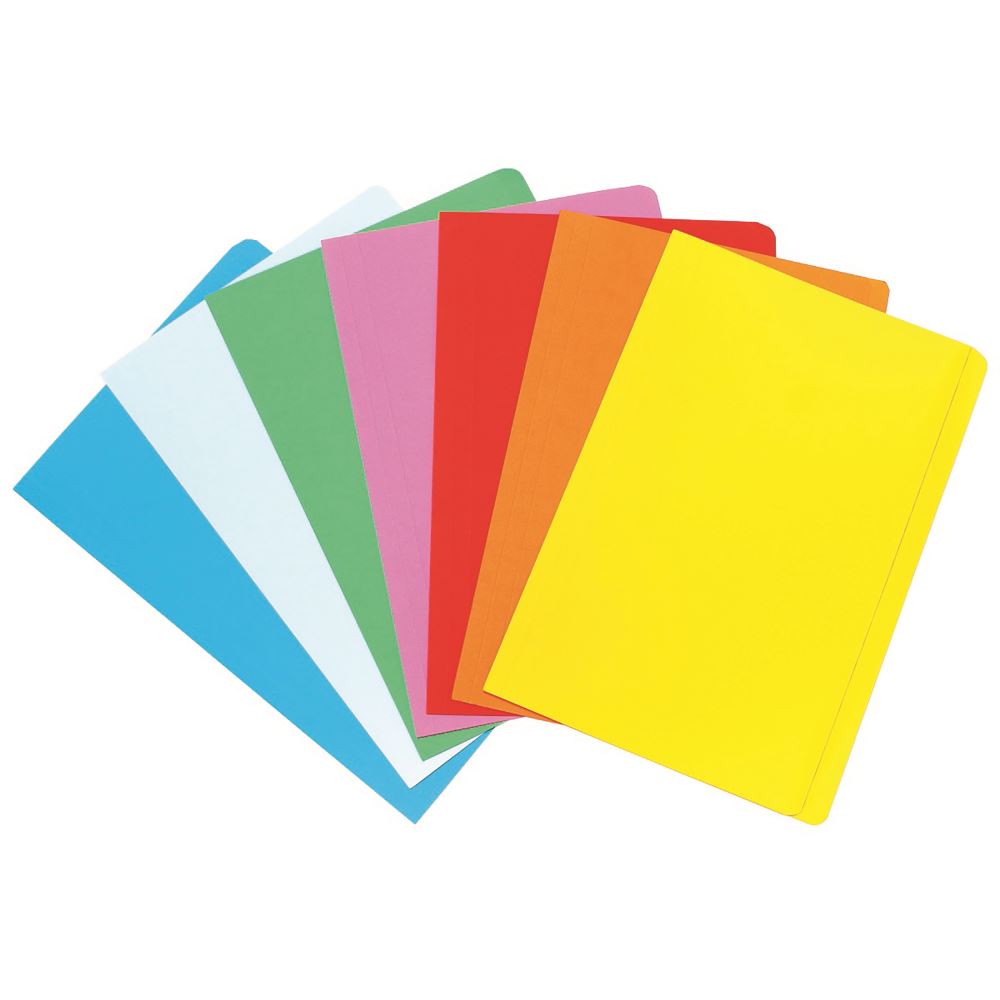 Colorful Marbig manilla folder pack of 20, durable for organizing documents, includes blue, red, yellow, purple, and green folders.