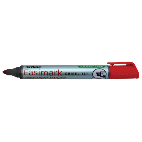 Artline 109 Easimark Permanent Markers in red, featuring a 5mm chisel nib for versatile, bold marking on various surfaces.