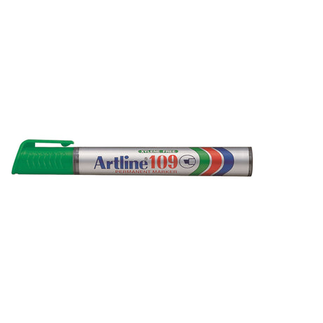 Artline 109 Easimark permanent markers in vibrant green with 5mm chisel nib, ideal for versatile, reliable marking on various surfaces.