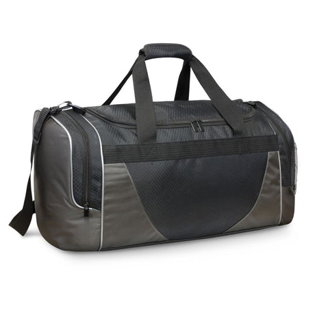 Durable gunmetal polyester duffle bag with silver accents, strong handles, and zippered pockets for organized travel.