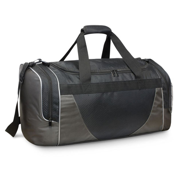 Durable gunmetal polyester duffle bag with silver accents, strong handles, and zippered pockets for organized travel.