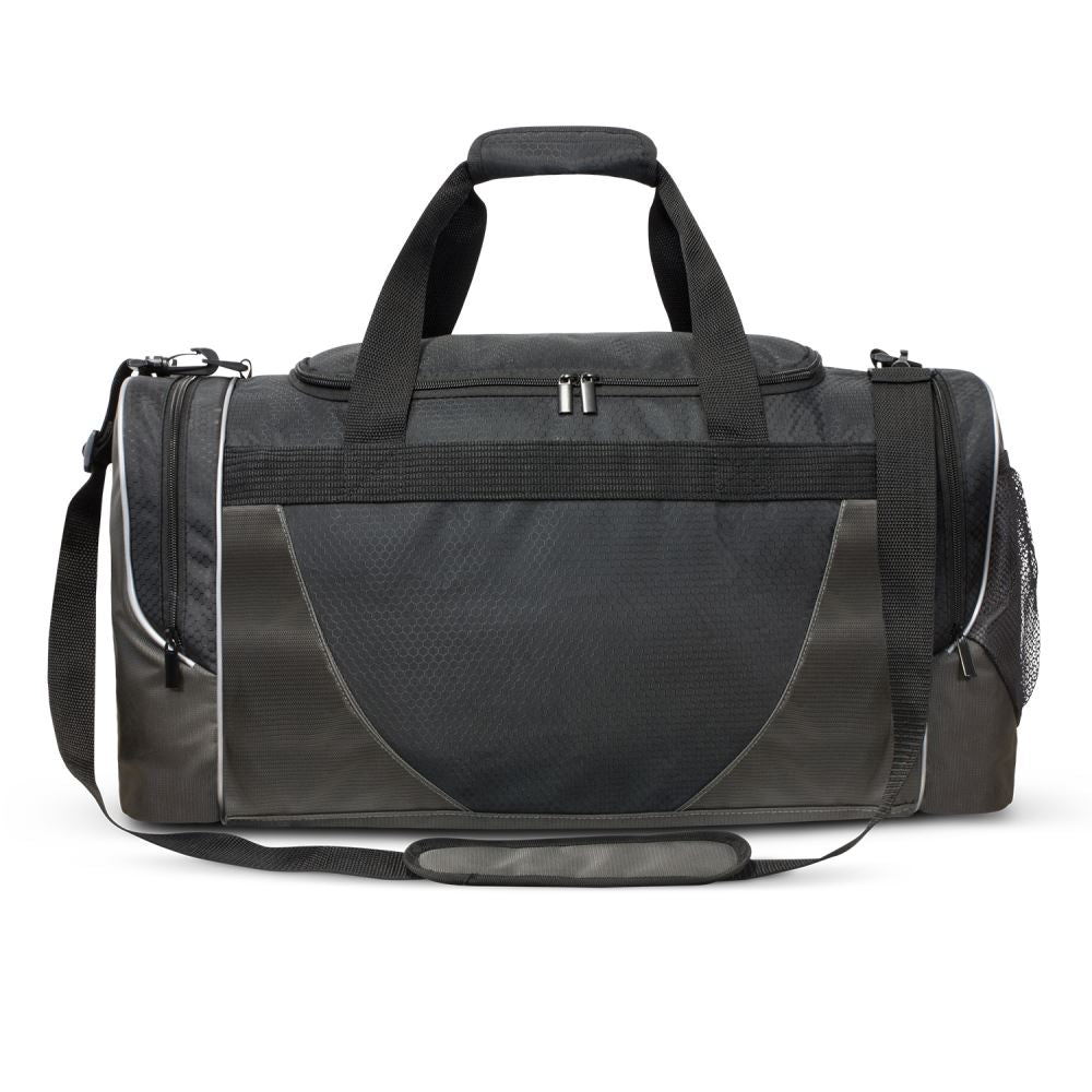 Stylish Excelsior Duffle Bag in gunmetal polyester with black accents, designed for travel, gym, and organization.