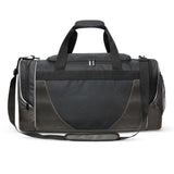 Stylish Excelsior Duffle Bag in gunmetal polyester with black accents, designed for travel, gym, and organization.