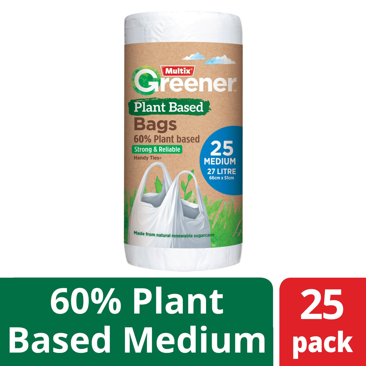 Eco-friendly Multix Greener Plant Based Kitchen Tidy Bag in a 25-pack, designed for medium bins, made from renewable sugarcane.