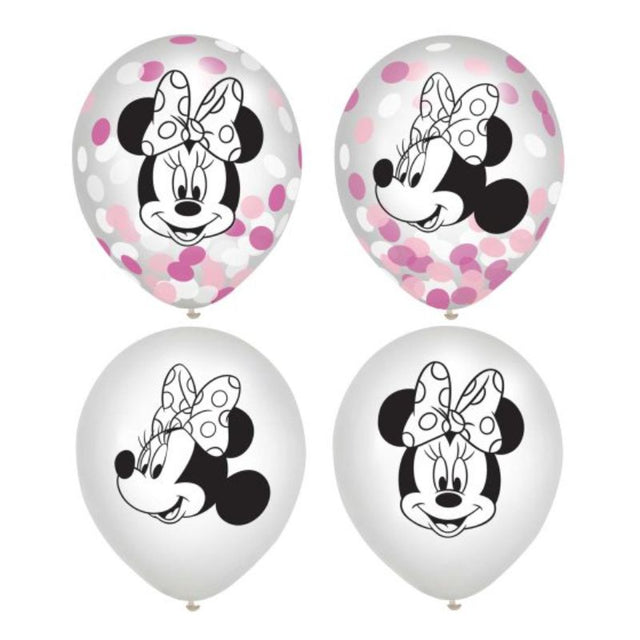 Minnie Mouse Forever 30cm balloons in a pack of 6, featuring colorful confetti and vibrant designs for festive celebrations.