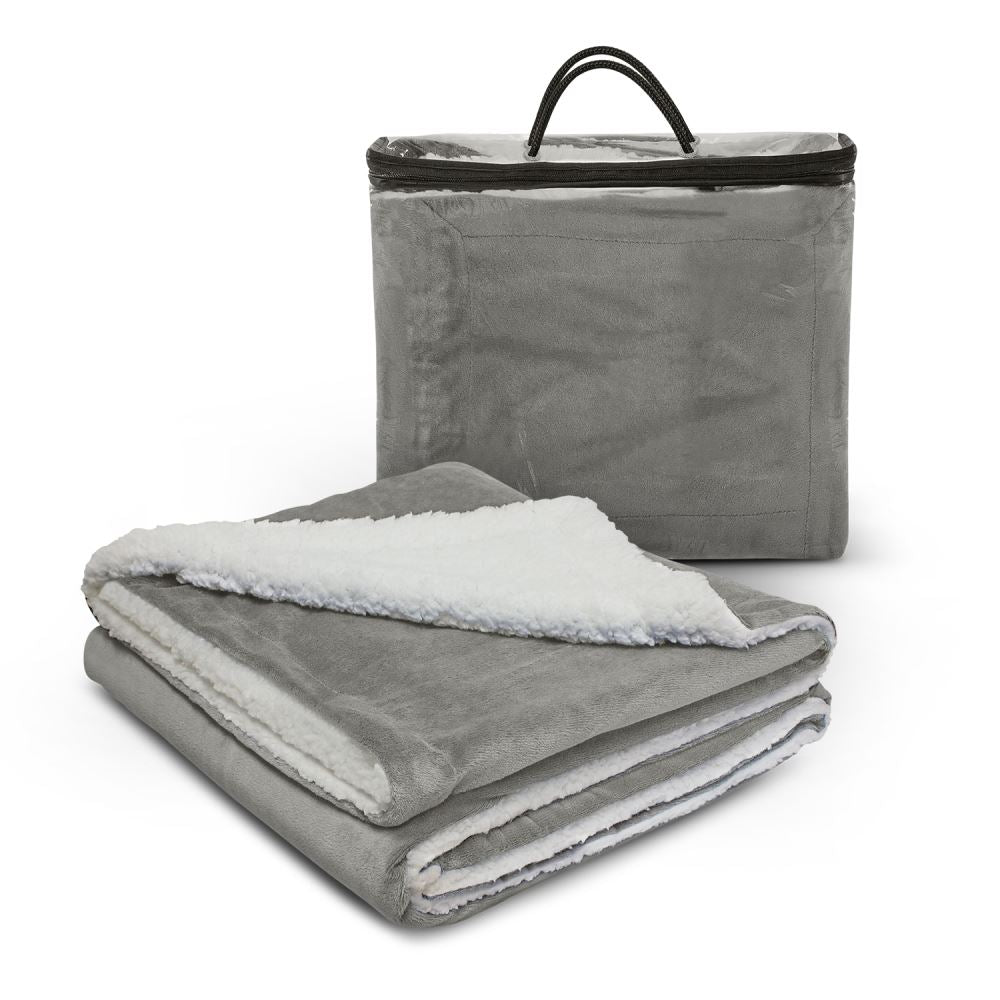 Oslo Luxury Blanket in grey, featuring soft Shu Velveteen fleece and poly-velvet liner, ideal for home and outdoor use.