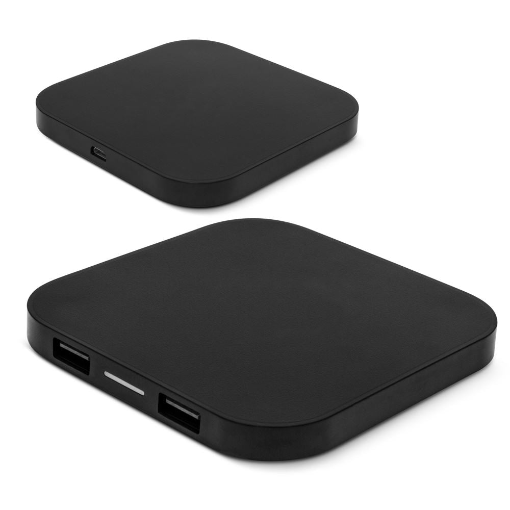 Sleek black Impulse Wireless Charger with 5W output, USB ports, and compact design for convenient device charging.