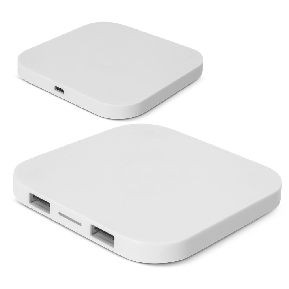 Sleek white Impulse Wireless Charger, compact design for effortless charging of Qi-compatible devices, perfect for home or travel.
