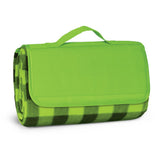 Spacious green picnic blanket, 1200mm x 1370mm, with waterproof backing and carry handle for outdoor adventures.