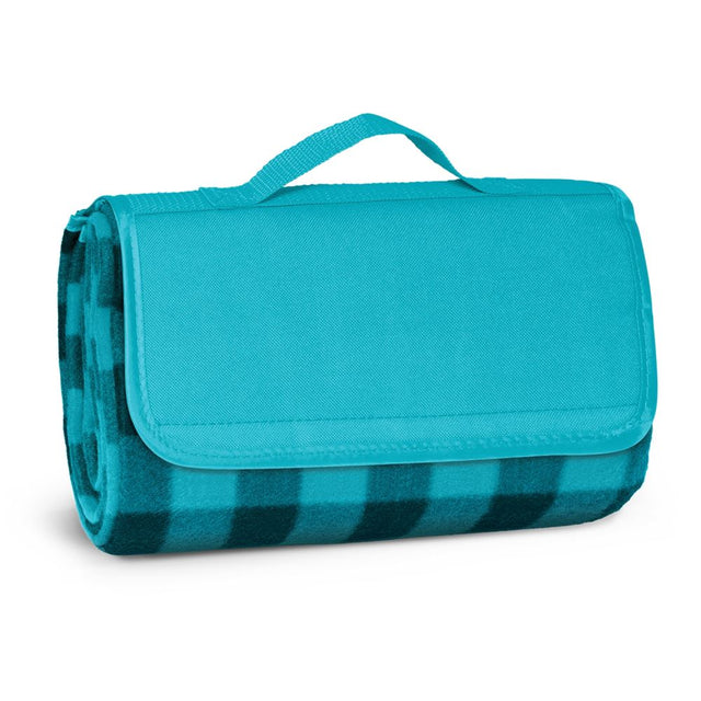 Light blue Alfresco Picnic Blanket, 1200mm x 1370mm, with waterproof backing and convenient carry handle for outdoor use.