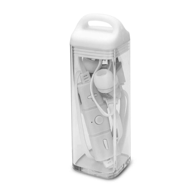 Tycho Bluetooth Earbuds in white, offering high-def sound, built-in mic, and stylish travel tube for on-the-go listening.