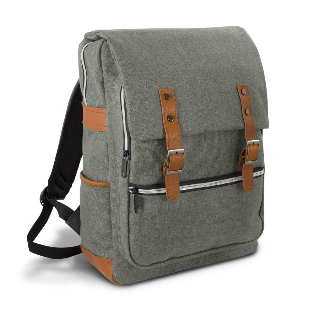 Stylish Nirvana Backpack in heather two-tone fabric, designed for large laptops, with leather-look accents and padded compartments.