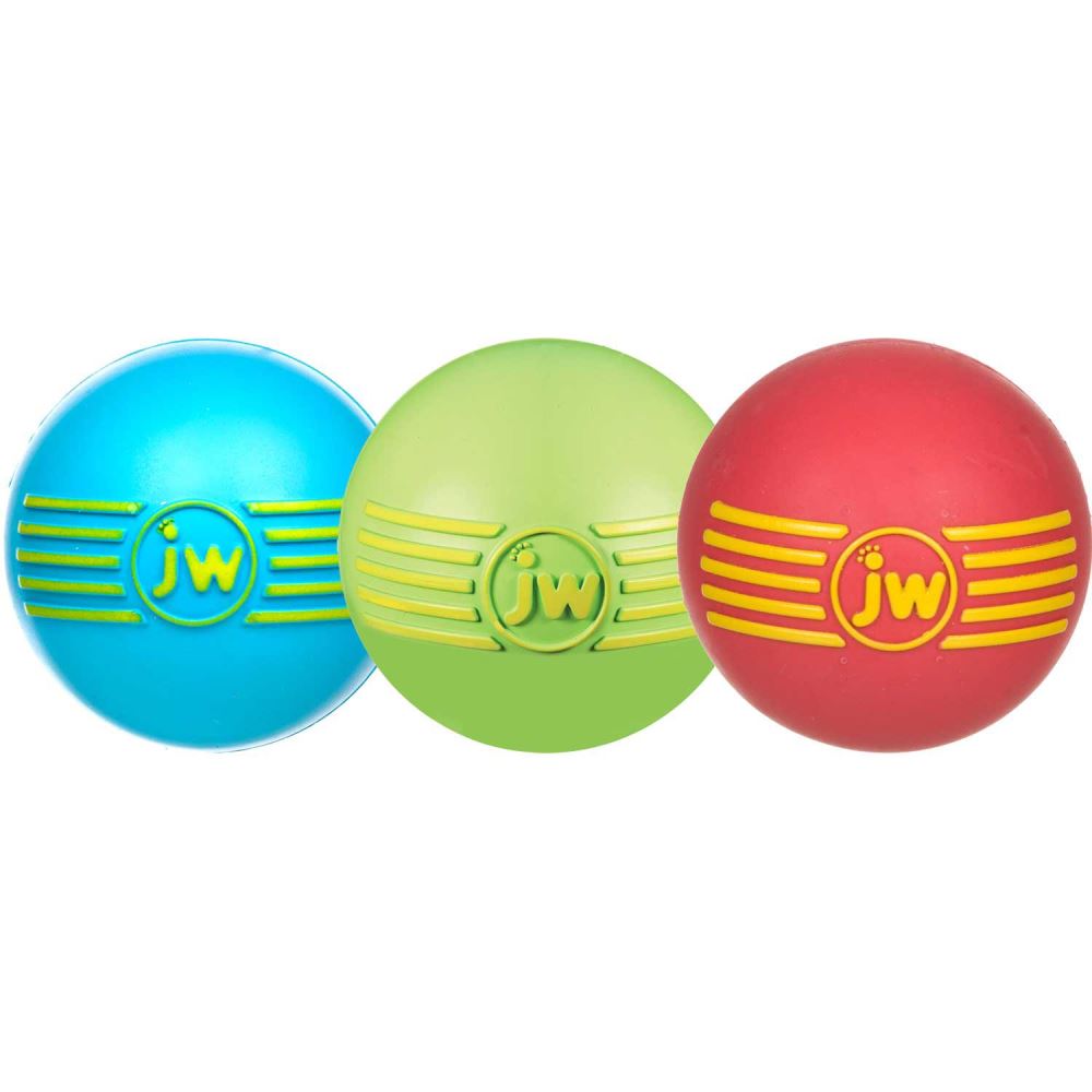 Durable JW iSqueak Ball - Small for dogs, featuring a squeaker and vibrant colors, perfect for playful chewing and fetching.