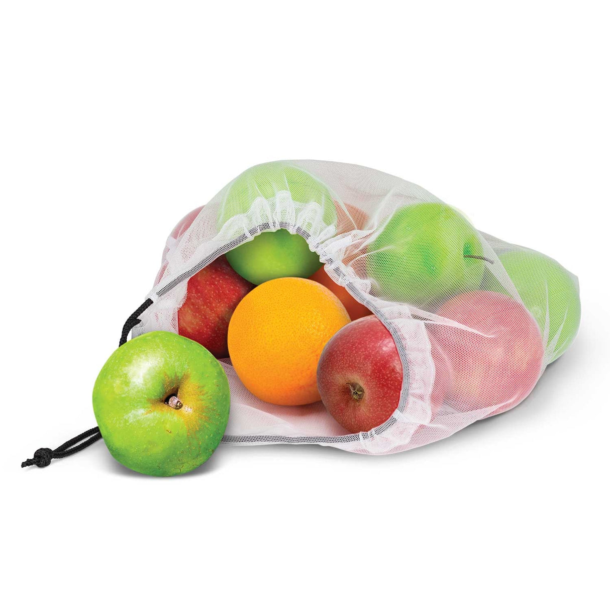 Reusable mesh produce bags in a drawstring carry bag, designed for eco-friendly grocery shopping and optimal produce storage.