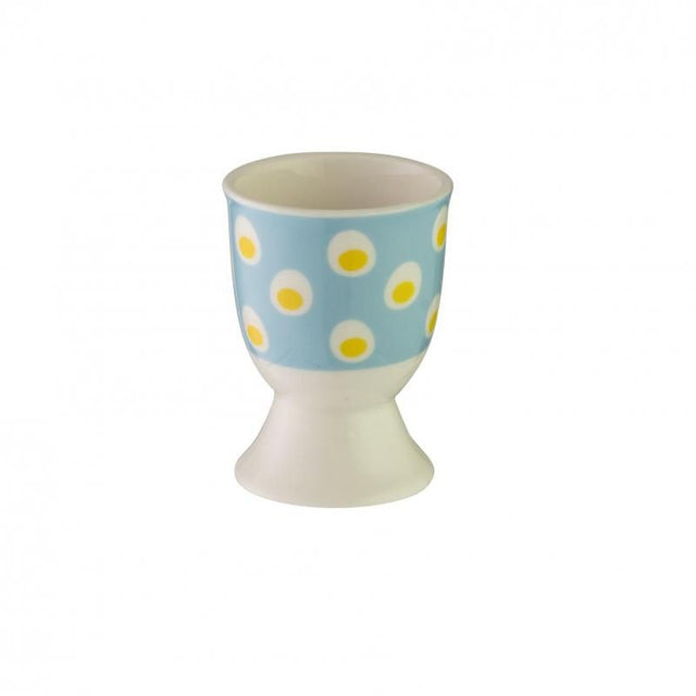 Adorable stoneware egg cup featuring a fried egg design, perfect for serving boiled eggs to kids and adding fun to breakfast.