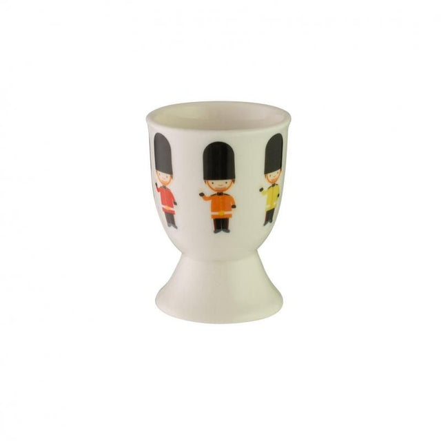 Whimsical stoneware egg cup with a soldiers design, perfect for serving boiled eggs to kids and adults.