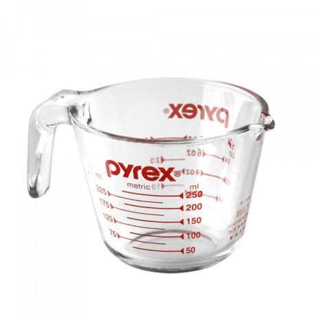 Clear Pyrex 1 Cup Measuring Jug (250ml) with easy-to-read markings, ergonomic handle, and durable borosilicate glass.