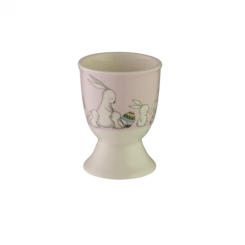 Whimsical Easter Bunny Family egg cup in glossy stoneware, perfect for serving boiled eggs at breakfast.