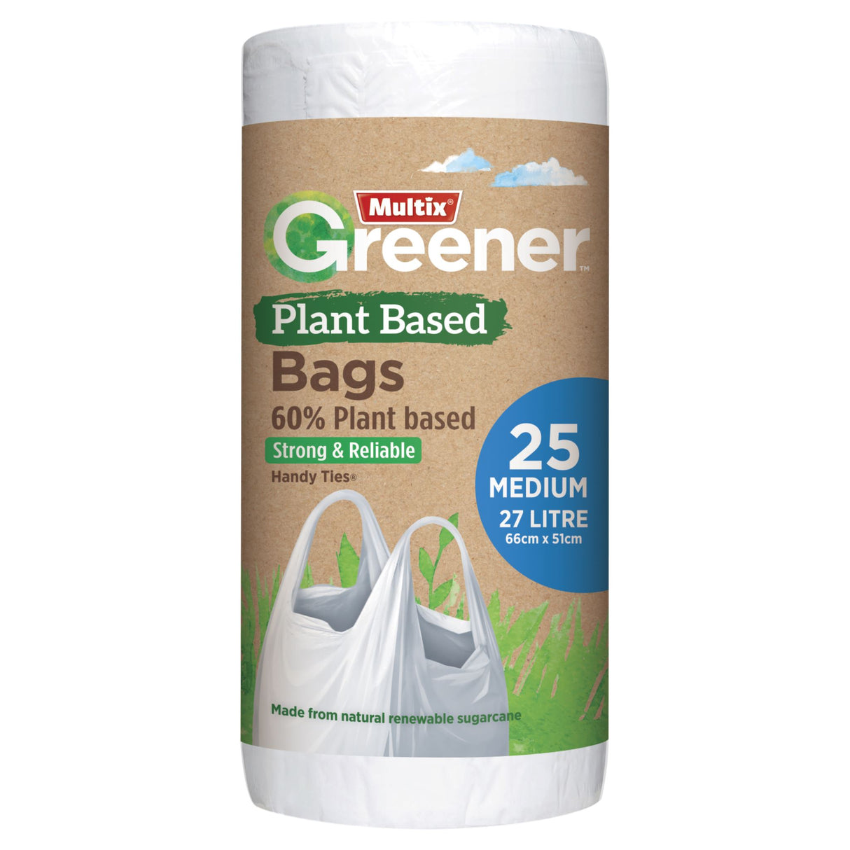 Eco-friendly Multix Greener Kitchen Tidy Bags made from sugarcane, 25pk, fits medium bins up to 27L, with handy closure ties.