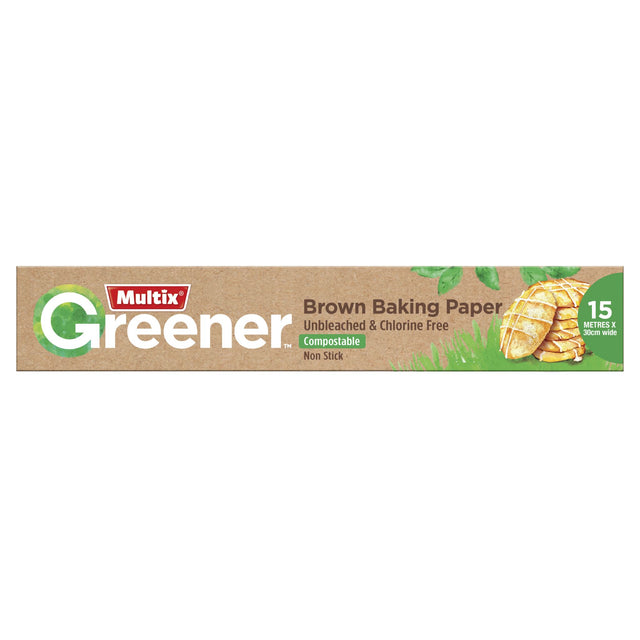 Eco-friendly Multix Greener Brown Baking Paper, 15m x 30cm, unbleached, non-stick, biodegradable, ideal for sustainable baking.