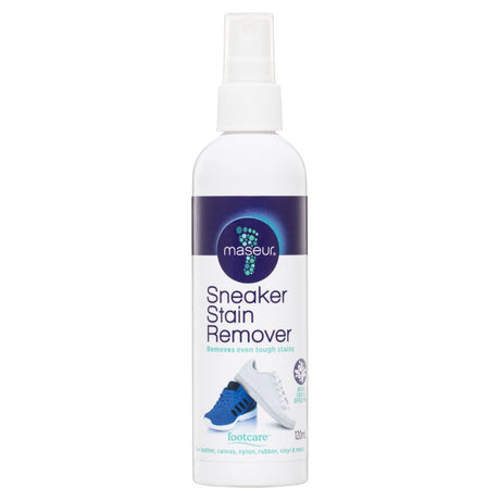 Maseur Footcare Sneaker Stain Remover 120mL bottle, designed for effectively removing tough stains from various sneaker materials.