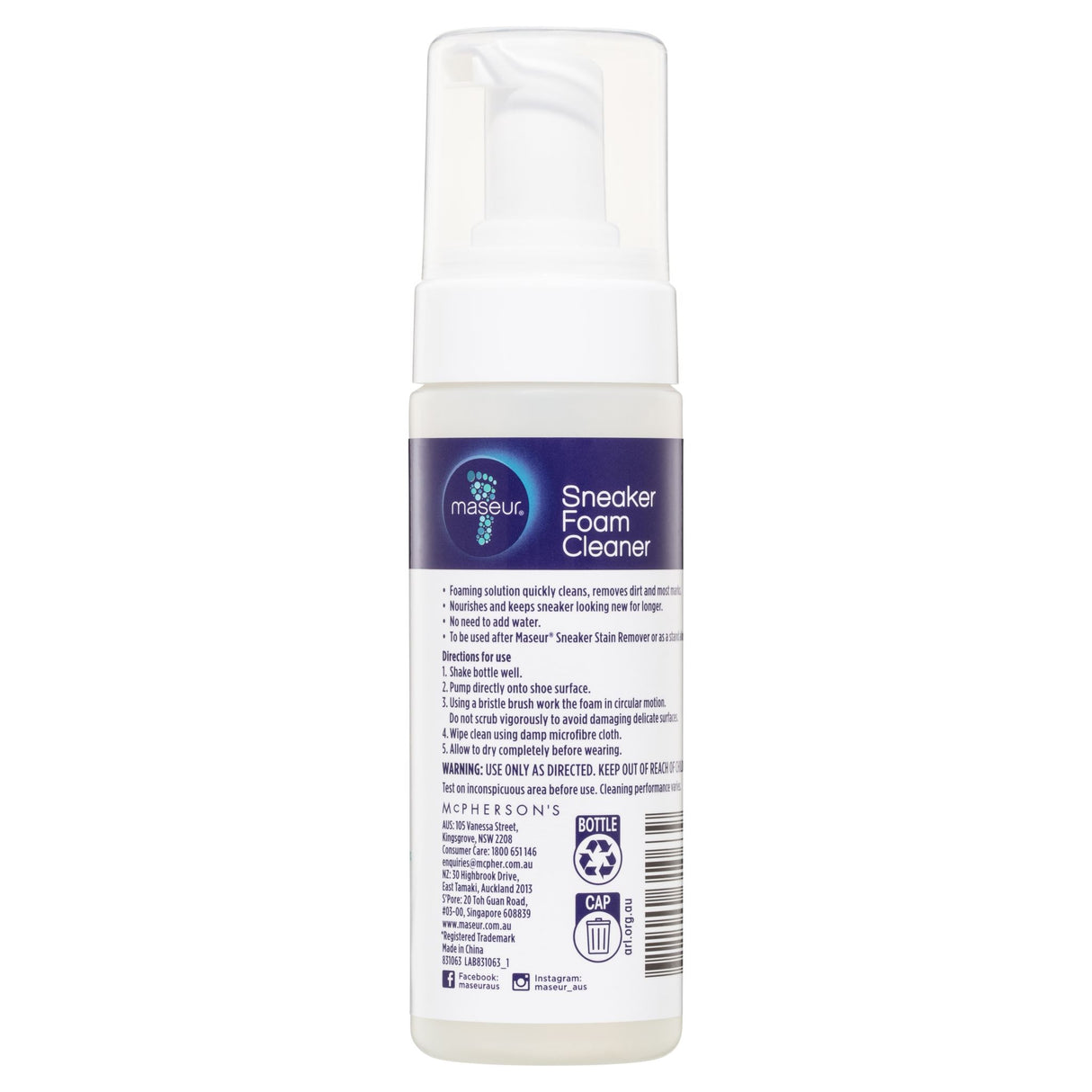 Maseur Footcare Sneaker Foam Cleaner 150mL, a powerful, no-water foam that cleans and nourishes sneakers effortlessly.