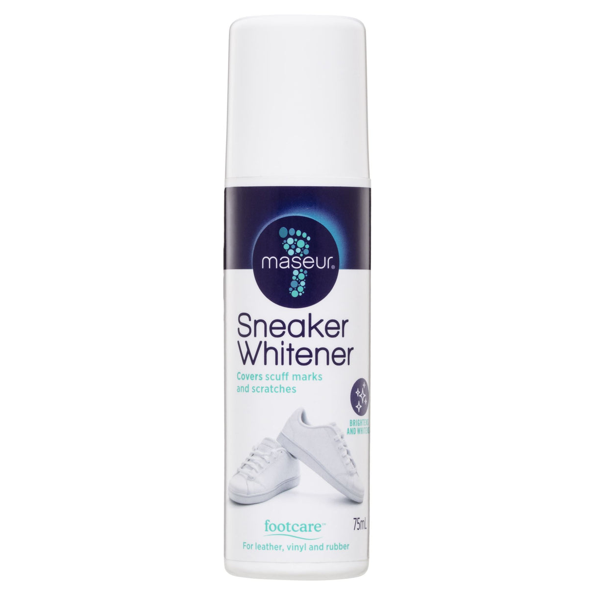 Maseur Footcare Sneaker Whitener 75mL with sponge applicator for restoring and brightening stained white sneakers.