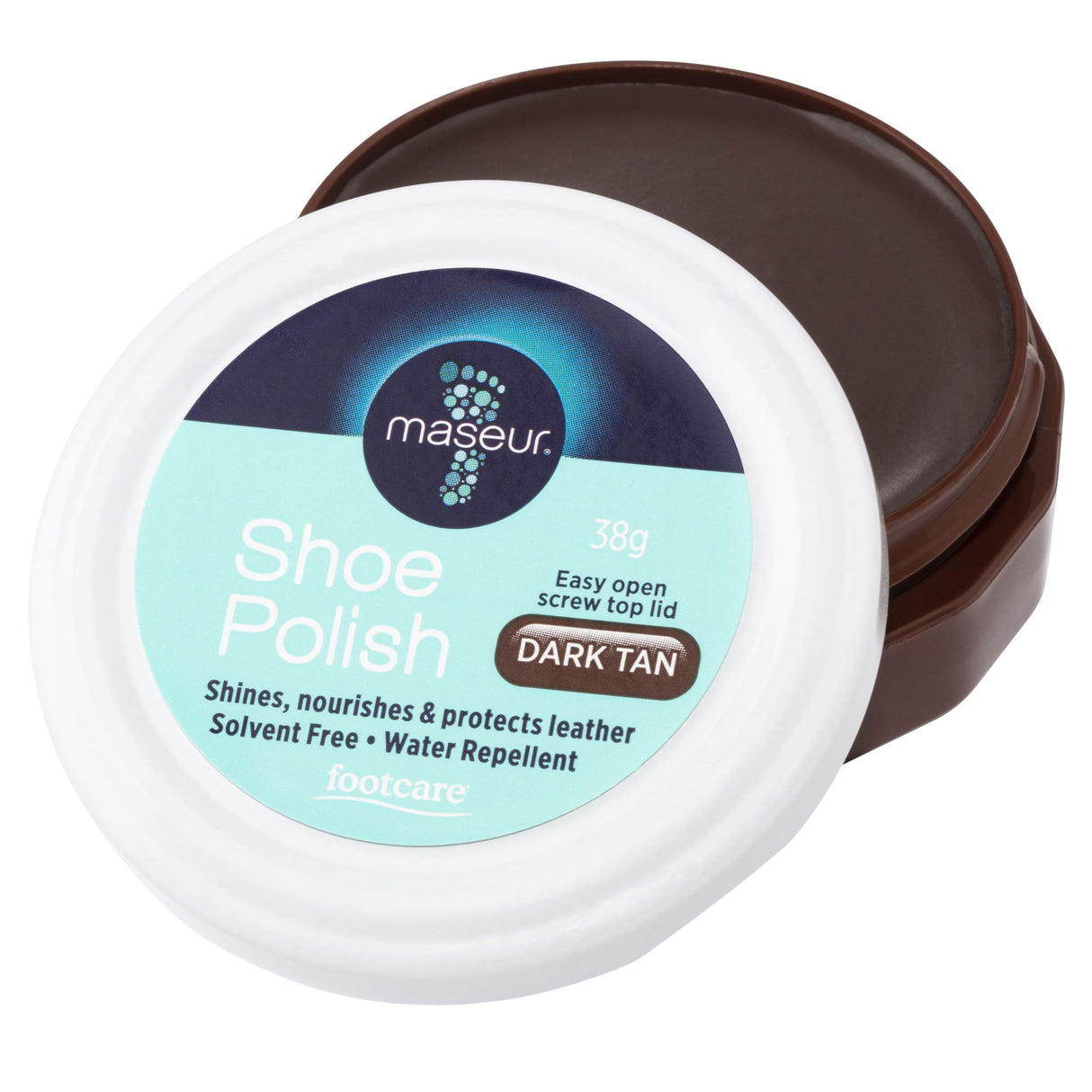 Dark tan shoe polish in a 38g container, designed to nourish, protect, and enhance leather footwear with a brilliant shine.