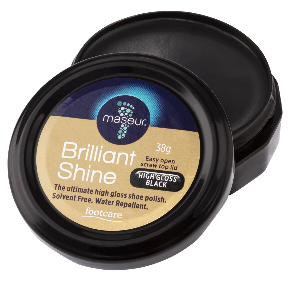 High gloss black shoe polish in a 38g container, nourishes and protects leather for a brilliant shine.