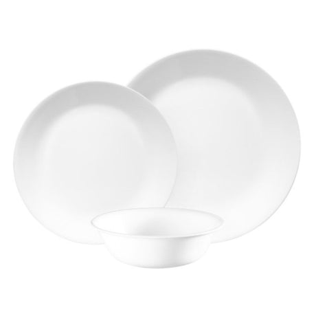 Corelle Winter Frost White 12pc Set, durable all-white dinnerware perfect for any occasion, lightweight and space-saving design.