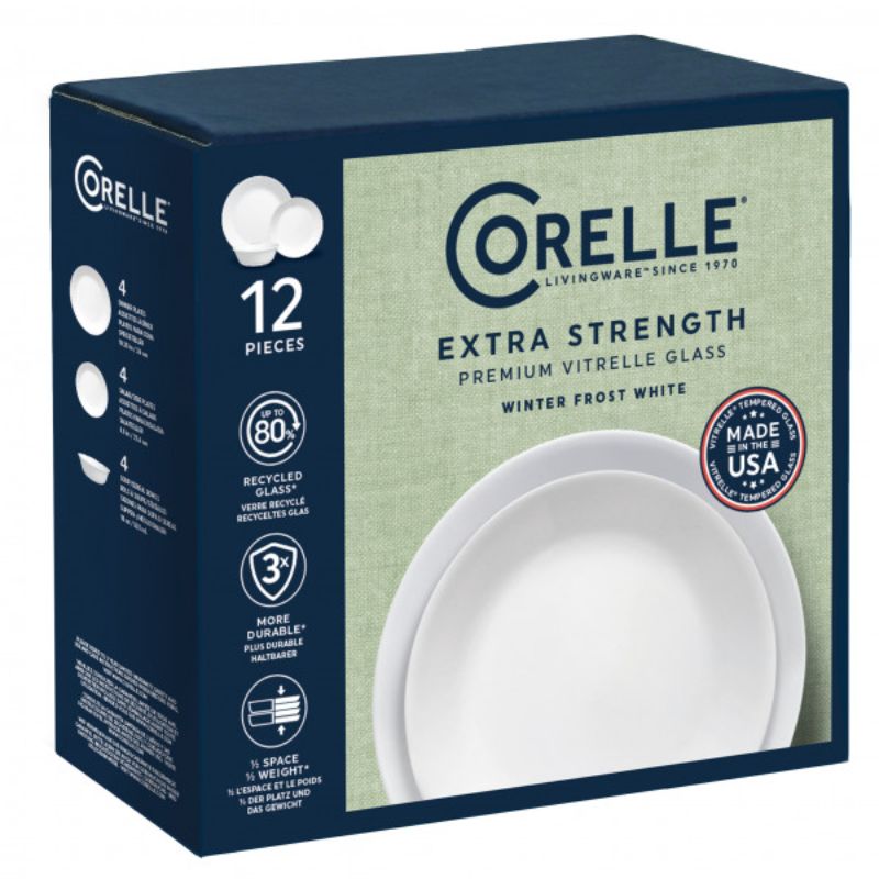 Corelle Winter Frost White 12pc Set featuring all-white, durable glass dinnerware, ideal for any occasion and easy to clean.