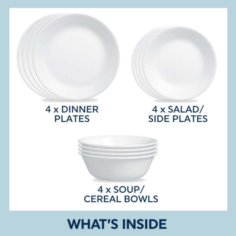 Corelle Winter Frost White 12pc Set features durable, all-white dinnerware that's lightweight, space-saving, and dishwasher safe.