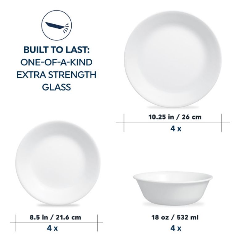 Corelle Winter Frost White 12pc dinnerware set, featuring durable all-white design, lightweight, stackable, and chip-resistant.