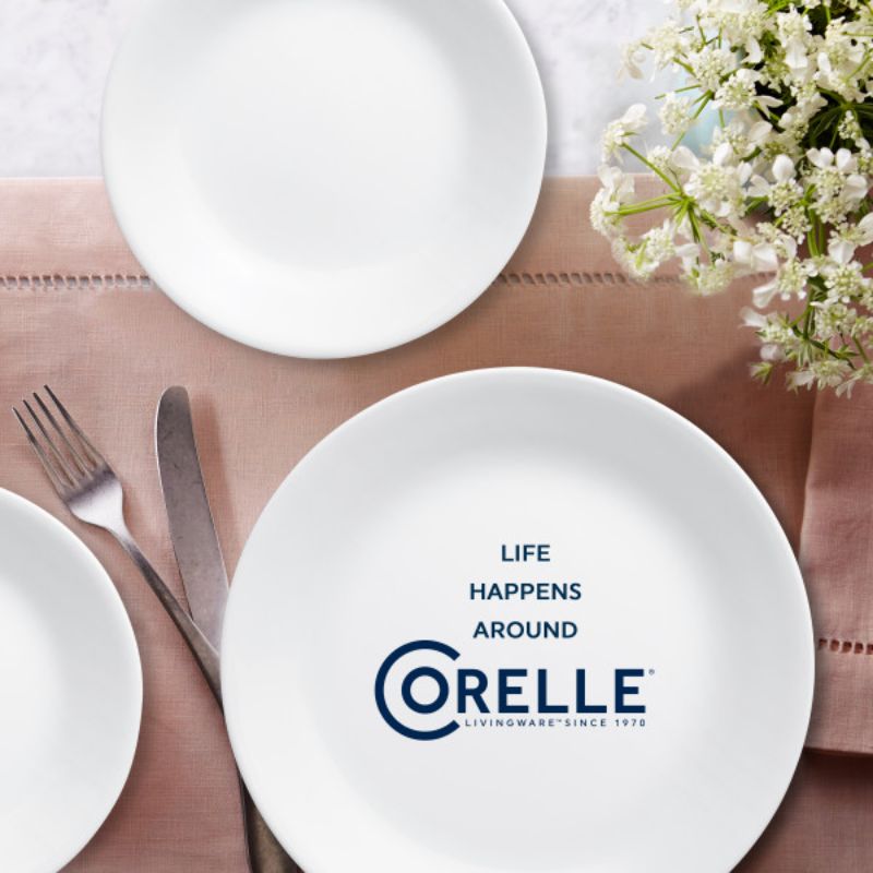 Corelle Winter Frost White 12pc Set; durable, all-white dinnerware set, chip-resistant, lightweight, and space-saving design.