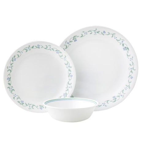 Corelle Country Cottage 12pc Set featuring periwinkle-blue flowers, durable glass, and elegant coupe shape for stylish dining.